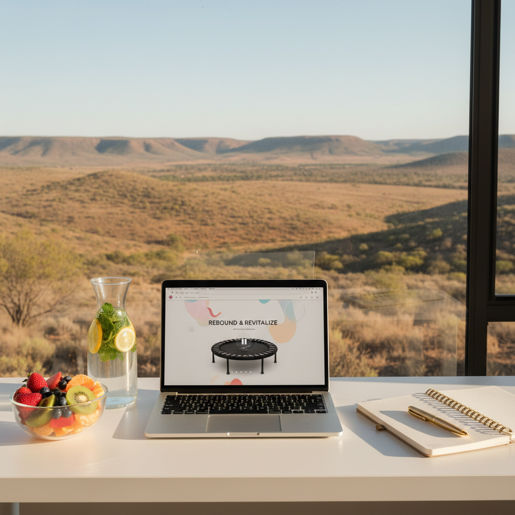 An inviting health coaching workspace featuring an open laptop on a clean white desk, its screen displaying a paused video of a rebounder workout interface without visible people. Beside it, a small bowl of colorful sliced fruit, a glass carafe of infused water with citrus and mint, and a neatly bound wellness journal with a pen create a sense of organized intention. The desk sits near a wide window revealing the muted earthy tones of a distant Karoo landscape. Soft, diffused afternoon light washes the scene, with gentle shadows and a calm, professional mood. Photographic realism, slightly elevated angle, balanced composition, perfect for a health coaching website hero image.