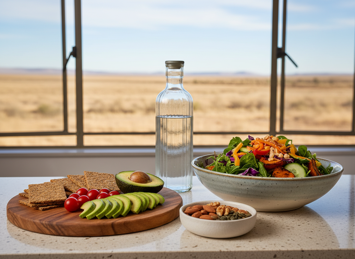 A beautifully arranged kitchen counter scene showcasing healthy, vibrant food prepared for post-rebounding recovery: a wooden board holds sliced avocado, cherry tomatoes, and whole-grain crackers, while a large, colorful salad sits in a ceramic bowl with a subtle speckled glaze. Nearby, a clear glass bottle of water and a small dish of nuts complement the spread. The counter is light stone, positioned near a window where soft, bright daylight reveals a faint view of dry Karoo terrain and blue sky beyond. Photographic realism, eye-level composition, sharp focus throughout, clean and professional mood emphasizing nourishing choices that support a rebounding-based health coaching lifestyle.
