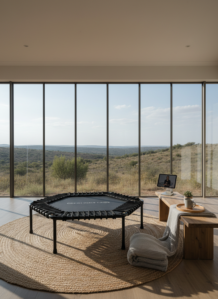 A spacious, uncluttered living room transformed into a dedicated rebounding wellness area, with a high-quality rebounder centered on a textured jute rug. Around it, a neatly folded light grey blanket, a low wooden bench holding a tray with herbal tea and a small plant, and a tablet propped up on a stand suggest online rebounding classes and guided health coaching. Large windows frame the expansive, semi-arid Karoo landscape near Middelburg Eastern Cape, with low shrubs and distant hills under a clear sky. Soft, late-morning natural light fills the room, creating a serene yet energizing mood. Photographic realism, wide-angle shot with balanced composition, conveying an attainable, professional home wellness environment.