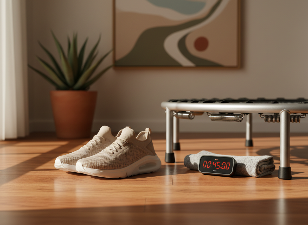 A pair of minimalist, neutral-toned athletic shoes with subtle textured fabric and supportive soles rests neatly beside a premium rebounder on warm wooden flooring. A folded, lightweight towel and a small digital timer sit on the floor, suggesting a structured rebounding session. In the background, a large potted succulent and a framed abstract print subtly echo the colors of the Karoo, with sandy beiges and soft greens. Golden hour sunlight streams in from the left, casting elongated shadows and a warm glow across the scene. Photographic realism, low-angle composition focusing on the shoes and rebounder edge, shallow depth of field for a motivating, ready-to-move atmosphere.